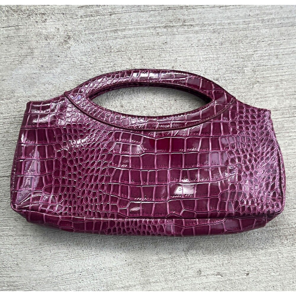 Burgundy Patent Crocodile Embossed Top Handle Clutch Bag Magnetic Inner Pockets